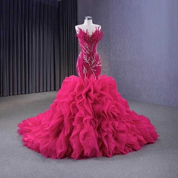 High-end Fuchsia Handmade  Beading Pearl Sequins Cascading Ruffles Prom Dresses 2023 Trumpet / Mermaid Strapless Sleeveless Backless Royal Train Prom Formal Dresses
