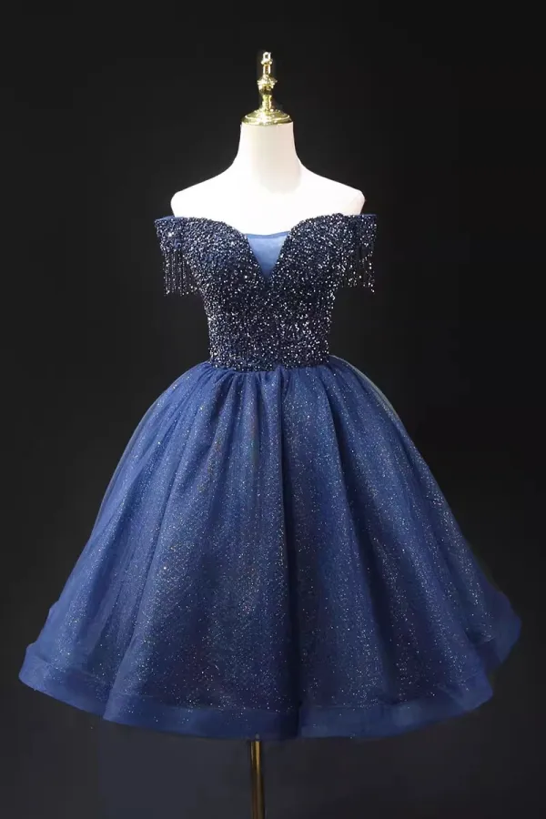 Vintage / Retro Navy Blue Beading Sequins Prom Dresses 2024 Ball Gown Off-The-Shoulder Short Sleeve Backless Floor-Length / Long Formal Dresses