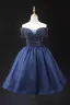 Vintage / Retro Navy Blue Beading Sequins Prom Dresses 2024 Ball Gown Off-The-Shoulder Short Sleeve Backless Floor-Length / Long Formal Dresses