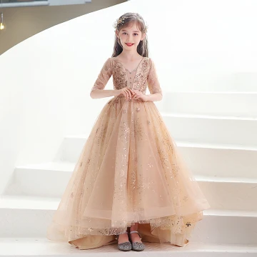 Charming Champagne Beading Sequins Prom Flower Girl Dresses 2022 A Line Princess V Neck 1 2 Sleeves Backless Sweep Train Flower Girl Dresses