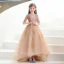 Charming Champagne Beading Sequins Prom Flower Girl Dresses 2022 A-Line / Princess V-Neck 1/2 Sleeves Backless Sweep Train Flower Girl Dresses