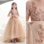 Charming Champagne Beading Sequins Prom Flower Girl Dresses 2022 A-Line / Princess V-Neck 1/2 Sleeves Backless Sweep Train Flower Girl Dresses
