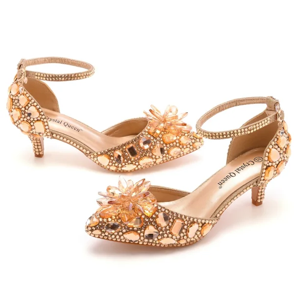 Sjarmerende Multi-Farger Krystall Rhinestone Brudesko 2023 Ankelstropp 7 cm Stiletthæler Spisse Bryllup Høyhælte