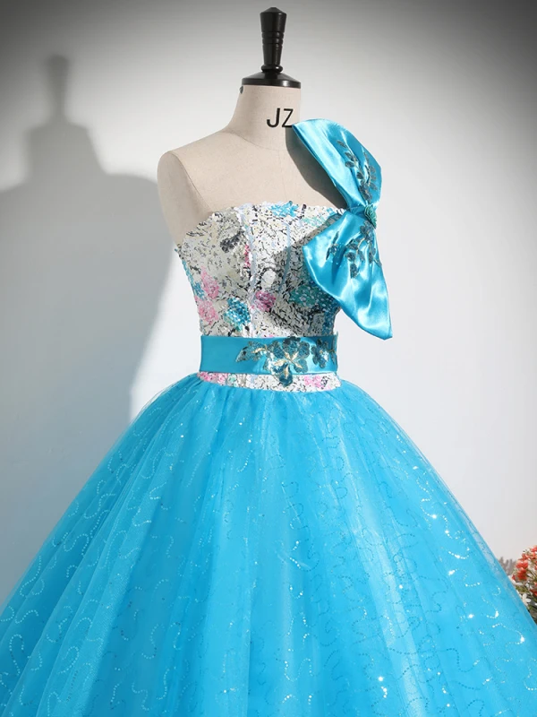 Bling Bling Azul Lentejuelas Vestidos de gala 2024 Ball Gown Sin Tirantes Sin Mangas Sin Espalda Bowknot Largos Gala Vestidos Formales