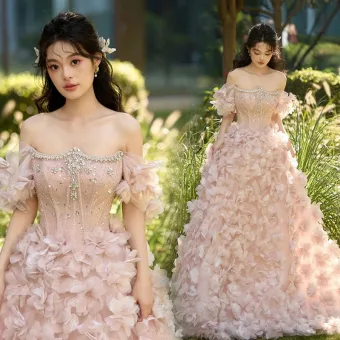 Flower Fairy Blushing Pink Beading Rhinestone Appliques Prom Dresses 2025 Ball Gown Off The Shoulder Short Sleeve Backless Floor Length Long Formal Dresses