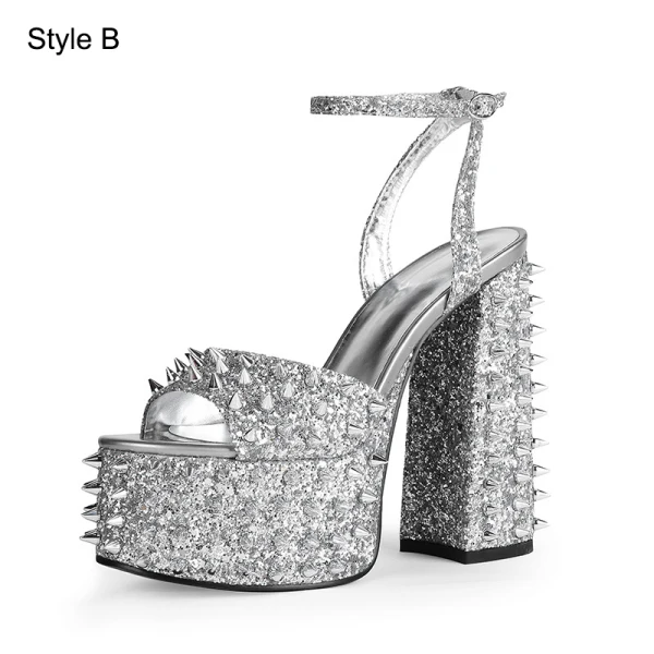 Inhabituel Sexy Fushia Cocktail Rivet Sandales Femme 2023 Bride Cheville 15 cm Talons Épais Peep Toes / Bout Ouvert Sandales Talons Hauts