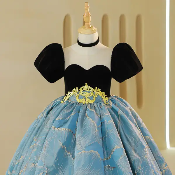 Élégant Noire Anniversaire Robe Ceremonie Fille 2022 Robe Boule Encolure Dégagée Gonflée Manches Courtes Longue Robe Ceremonie Fille