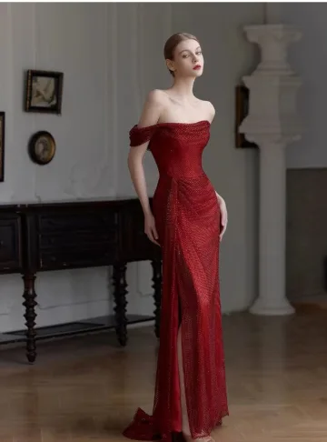 Evening Dresses Formal Dresses Evening Dresses Burgundy Crossed Straps Backless Glitter Split Front Sweep Train Polyester Off The Shoulder Fall Spring Summer Evening Party Short Sleeve Trumpet Mermaid