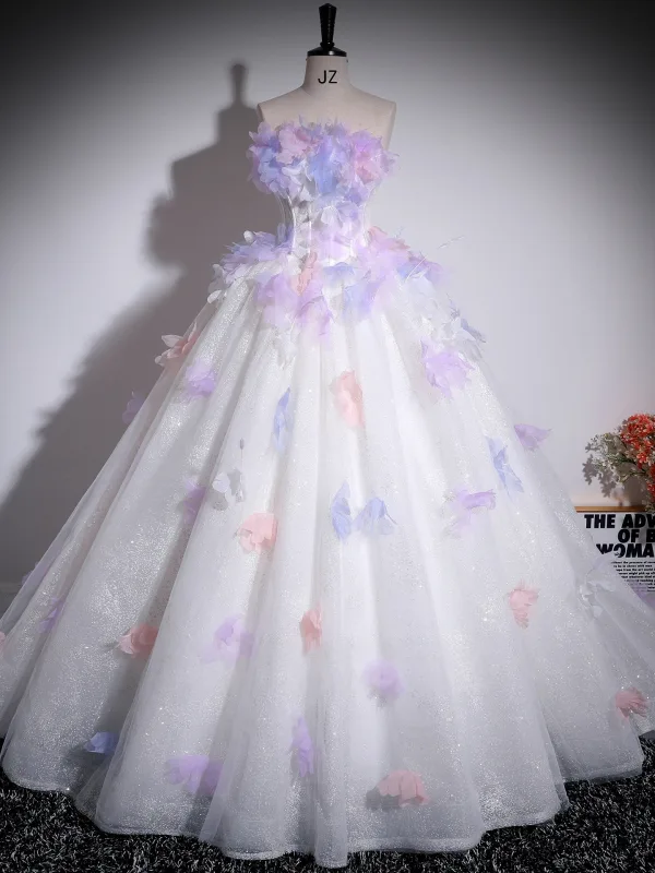 Flower Fairy Multi-Colors Appliques White Prom Dresses 2025 Ball Gown Strapless Sleeveless Backless Court Train Formal Dresses