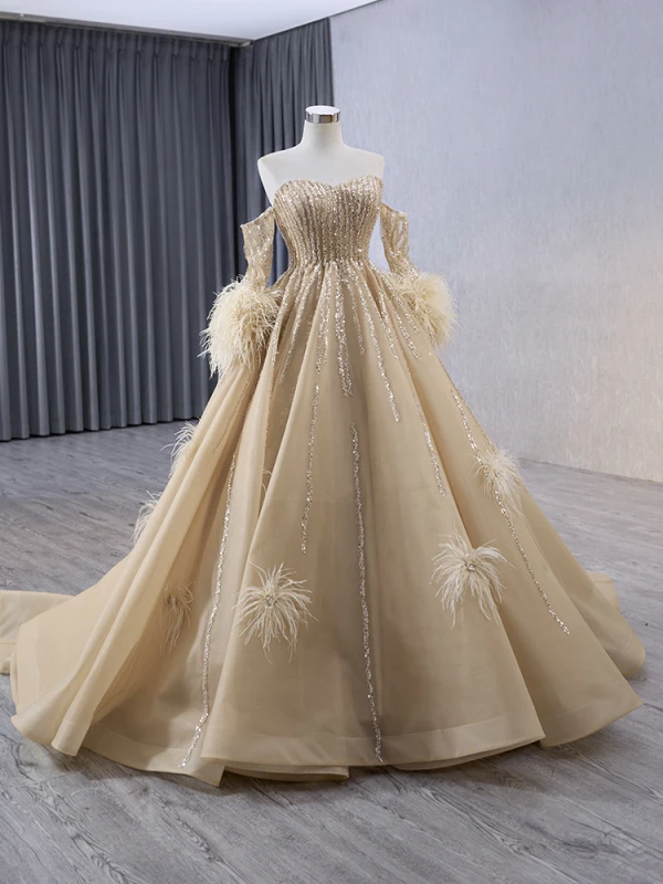 Luxury / Gorgeous Champagne Handmade  Beading Sequins Tassel Prom Dresses 2024 Ball Gown Strapless Short Sleeve Backless Court Train Prom Formal Dresses