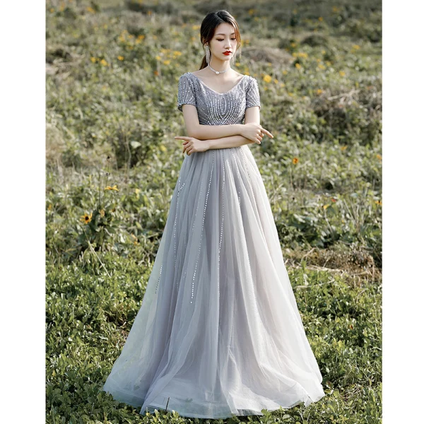 Chic / Beautiful Grey Prom Dresses 2022 A-Line / Princess V-Neck Beading Sequins Short Sleeve Backless Floor-Length / Long Prom Formal Dresses