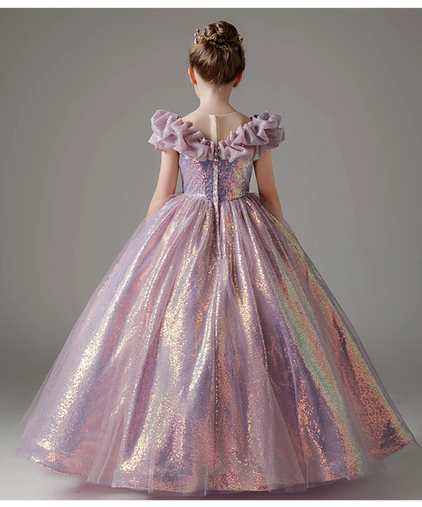 Chic / Beautiful Lavender Glitter Sequins Birthday Flower Girl Dresses 2023 Ball Gown Ruffle Off-The-Shoulder Short Sleeve Floor-Length / Long