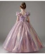Chic / Beautiful Lavender Glitter Sequins Birthday Flower Girl Dresses 2023 Ball Gown Ruffle Off-The-Shoulder Short Sleeve Floor-Length / Long