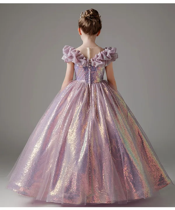Sparkly Lilac Pearl Sequins Birthday Ball Gown Flower Girl Dresses 2024 Scoop Neck Short Sleeve Floor-Length / Long