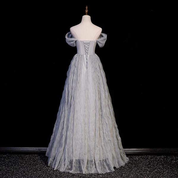 Sexy Grey Beading Pearl Rhinestone Prom Dresses 2023 A-Line / Princess Off-The-Shoulder Short Sleeve Backless Floor-Length / Long Prom Formal Dresses