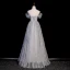 Sexy Grey Beading Pearl Rhinestone Prom Dresses 2023 A-Line / Princess Off-The-Shoulder Short Sleeve Backless Floor-Length / Long Prom Formal Dresses