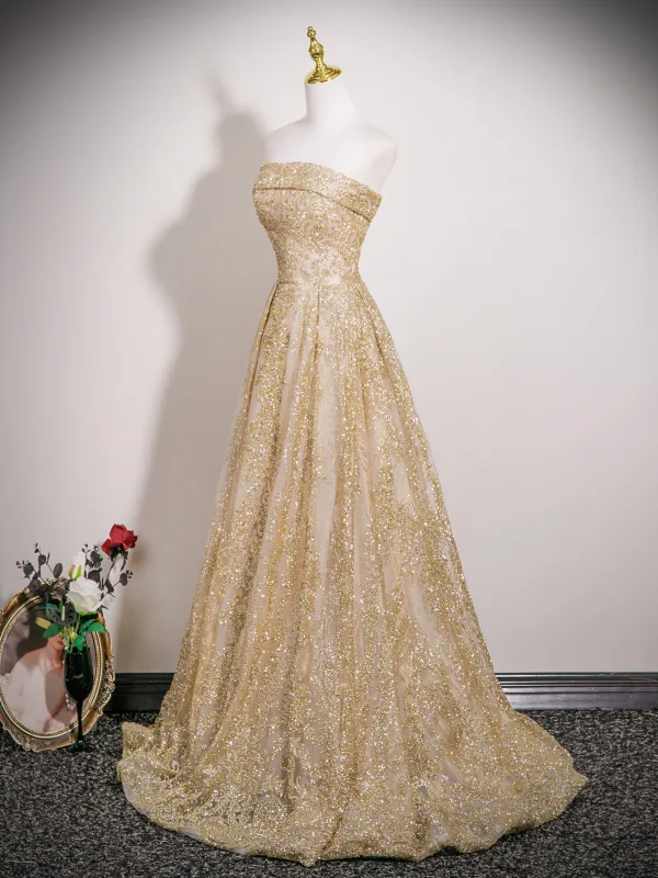 Scintillantes Sexy Doré Glitter Paillettes Faux Diamant Robe De Bal 2025 Princesse Bustier Sans Manches Dos Nu Train De Balayage Robe De Ceremonie