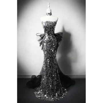 Scintillantes Argenté Paillettes Robe De Soirée 2024 Trompette Sirène Bustier Sans Manches Dos Nu Noeud Train De Balayage Soirée Robe De Ceremonie