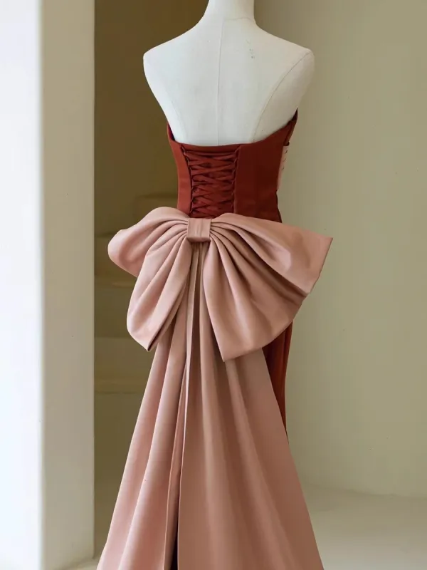 Vintage / Retro Burgundy Satin Evening Dresses 2023 Trumpet / Mermaid Strapless Sleeveless Backless Bow Floor-Length / Long Prom Formal Dresses