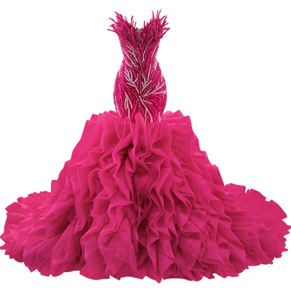 High-end Fuchsia Handmade  Beading Pearl Sequins Cascading Ruffles Prom Dresses 2023 Trumpet / Mermaid Strapless Sleeveless Backless Royal Train Prom Formal Dresses