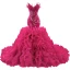 High-end Fuchsia Handmade  Beading Pearl Sequins Cascading Ruffles Prom Dresses 2023 Trumpet / Mermaid Strapless Sleeveless Backless Royal Train Prom Formal Dresses