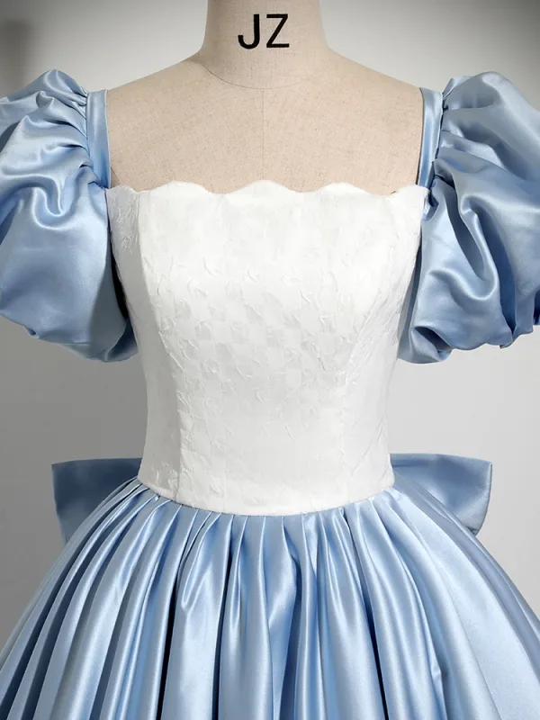 Elegant Sky Blue Satin Prom Dresses 2024 Ball Gown Square Neckline Puffy Short Sleeve Backless Bow Floor-Length / Long Prom Formal Dresses