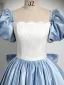 Elegant Sky Blue Satin Prom Dresses 2024 Ball Gown Square Neckline Puffy Short Sleeve Backless Bow Floor-Length / Long Prom Formal Dresses