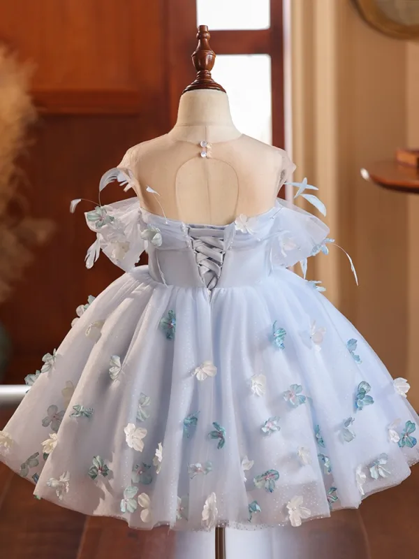 Flower Fairy Sky Blue Appliques Short Birthday Flower Girl Dresses 2024 Ball Gown Scoop Neck Short Sleeve Backless Tulle