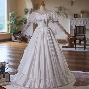 Vintage Retro Medieval White Lace Flower Wedding Dresses Ball Gown 2025 Off The Shoulder Long Sleeve Backless Floor Length Long Wedding