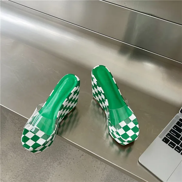 Fashion Black Summer Street Wear Plaid Womens Sandals 2022 11 cm Wedges Open / Peep Toe Sandals High Heels