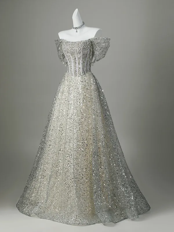 Scintillantes Gris Faux Diamant Paillettes Robe De Soirée 2026 Princesse De l'épaule Manches Courtes Dos Nu Longue Robe De Ceremonie