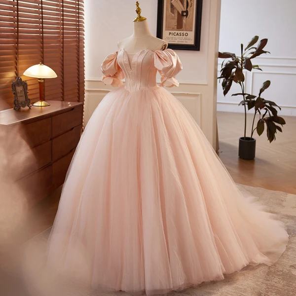 Chic / Beautiful Blushing Pink Beading Prom Dresses 2023 Ball Gown Off-The-Shoulder Puffy Short Sleeve Backless Floor-Length / Long Prom Formal Dresses