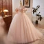 Chic / Beautiful Blushing Pink Beading Prom Dresses 2023 Ball Gown Off-The-Shoulder Puffy Short Sleeve Backless Floor-Length / Long Prom Formal Dresses