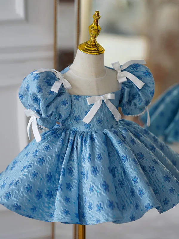 Chic / Beautiful Pool Blue Printing Birthday Short Flower Girl Dresses 2023 Ball Gown Scoop Neck Puffy Short Sleeve Bow