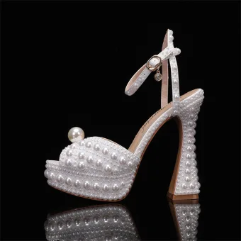 Fashion White Pearl Wedding Shoes 2024 Ankle Strap 12 Cm Thick Heels Open Peep Toe Wedding Sandals High Heels