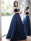 Elegant Navy Blue Satin Prom Dresses 2022 A-Line / Princess Square Neckline Puffy Short Sleeve Backless Floor-Length / Long Formal Dresses