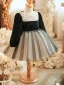 Chic / Beautiful Black Beading Sequins Bow Birthday Flower Girl Dresses 2023 Ball Gown Scoop Neck Long Sleeve Short