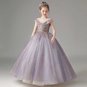 Chic Belle Lavande Perlage Paillettes Anniversaire Robe Ceremonie Fille 2022 Robe Boule Encolure Dégagée Sans Manches Dos Nu Longue Robe Ceremonie Fille