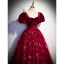 Chic / Beautiful Burgundy Sequins Prom Dresses 2023 A-Line / Princess Square Neckline Puffy Short Sleeve Backless Floor-Length / Long Prom Formal Dresses