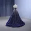 Haut de Gamme Bleu Marine Fait main Perlage Faux Diamant Robe De Bal 2023 Princesse Bustier Sans Manches Dos Nu Train De Balayage Promo Robe De Ceremonie