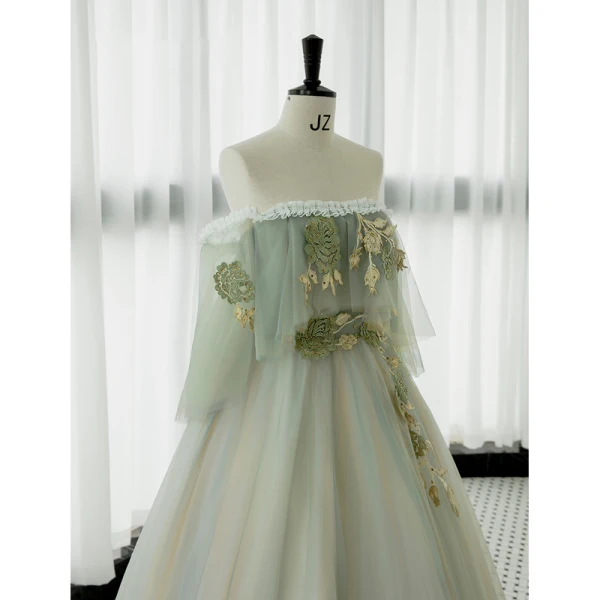 Elegant Sage Green Rhinestone Lace Flower Prom Dresses 2023 A-Line / Princess Off-The-Shoulder Sleeveless Backless Floor-Length / Long Prom Formal Dresses