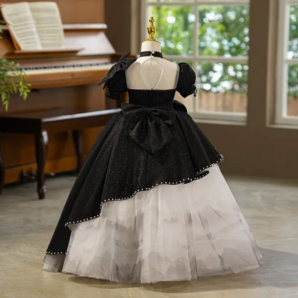 Chic / Beautiful Black Glitter Birthday Flower Girl Dresses 2025 Ball Gown High Neck Puffy Short Sleeve Backless Bow Floor-Length / Long