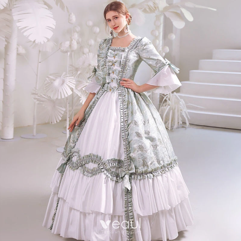 Baroque Medieval Sage Green Prom Dresses 2022 Ball Gown Square Neckline  Bell sleeves Backless Rhinestone Pearl Bow Floor-Length / Long Formal  Dresses