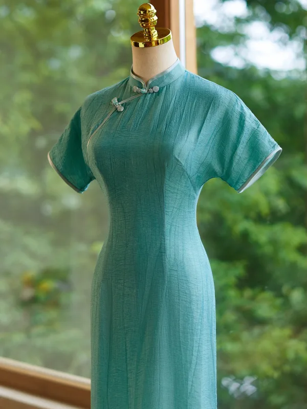 Vintage / Retro Chinese style Jade Green Floor-Length / Long Cheongsam 2024 Trumpet / Mermaid High Neck Short Sleeve