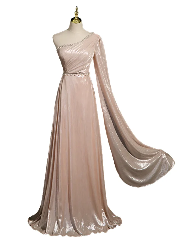 Chic / Beautiful Blushing Pink Pearl Rhinestone Prom Dresses 2024 A-Line / Princess One-Shoulder Sleeveless Backless Floor-Length / Long Prom Formal Dresses