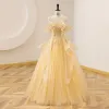 Chic / Beautiful Yellow Lace Pearl Sequins Prom Dresses 2022 Ball Gown Scoop Neck Short Sleeve Backless Floor-Length / Long Prom Formal Dresses