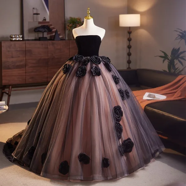 Elegant Quinceañera Black Appliques Prom Dresses 2025 Ball Gown Strapless Sleeveless Backless Floor-Length / Long Prom Formal Dresses