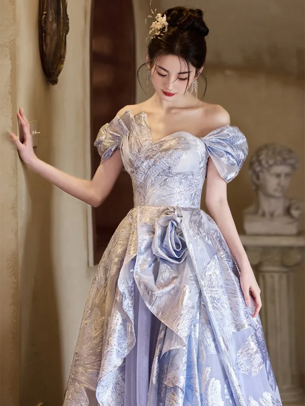 Fashion Lavender Glitter Appliques Prom Dresses 2025 A-Line / Princess Off-The-Shoulder Sleeveless Backless Sweep Train Prom Formal Dresses