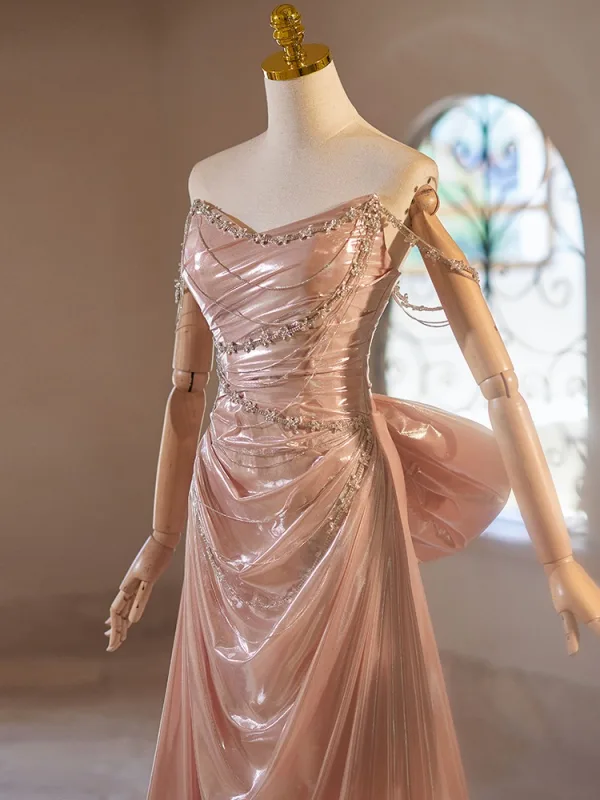 Mode Rougissant Rose Faux Diamant Noeud Robe De Bal 2024 Princesse Bustier Sans Manches Dos Nu Train De Balayage Promo Robe De Ceremonie