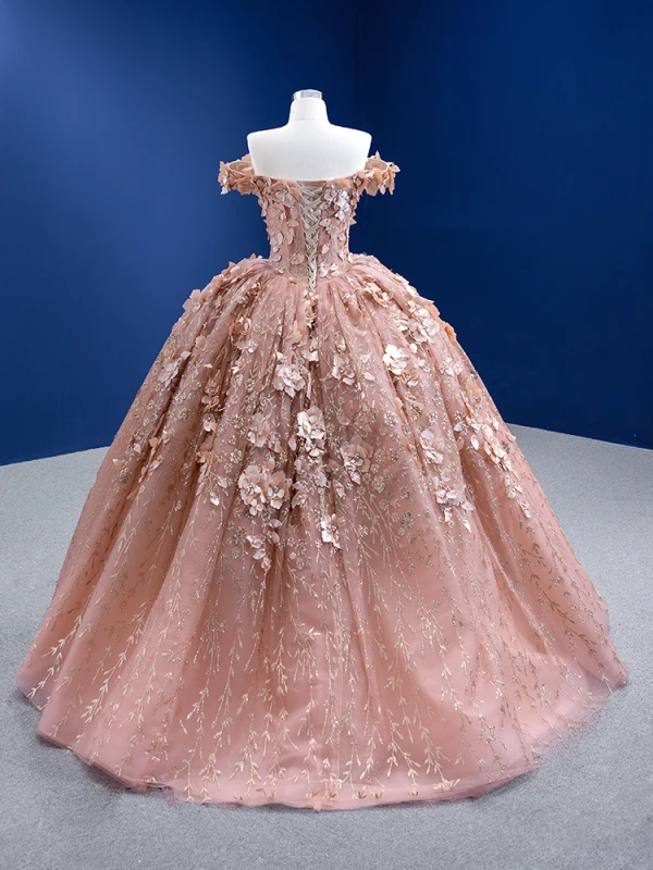 High-end Champagne Pearl Appliques Sequins Prom Dresses 2022 Ball Gown Off-The-Shoulder Short Sleeve Backless Floor-Length / Long Formal Dresses